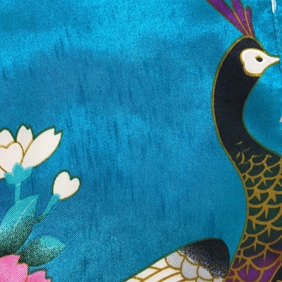 Zhong Sang 100% Satin Silky Kimono Duster Robe Open Front Floral Peacock Design - Picture 9 of 14